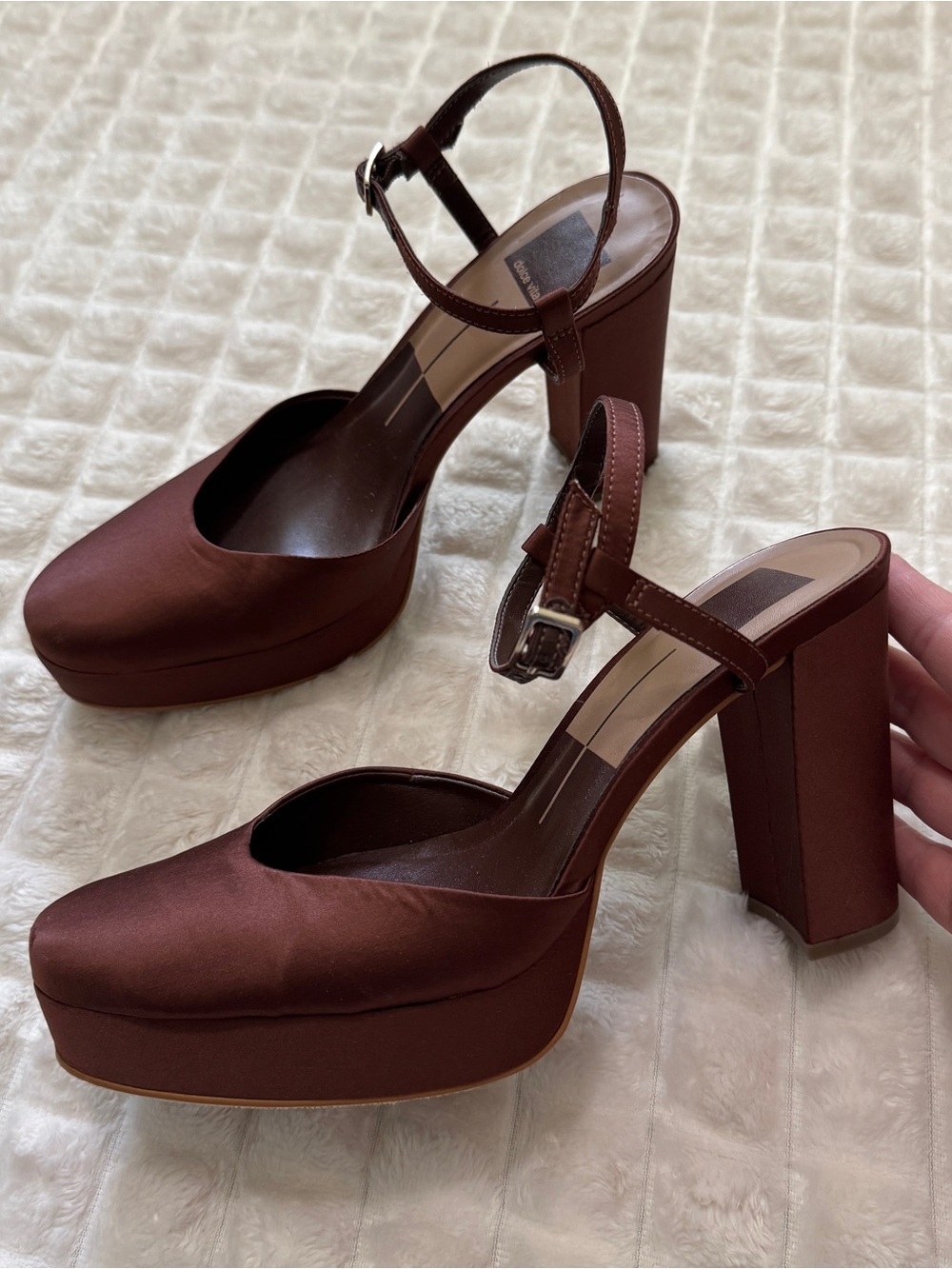 Dolce Vita 8 Claud Chocolate Satin Closed Toe Bock Heel Mary Jane Sandals Heels